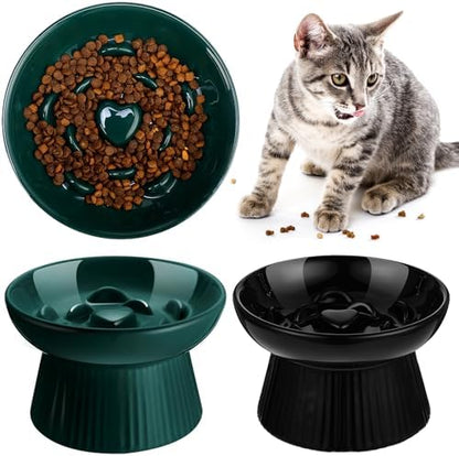 Tioncy 2 Pcs Ceramic Elevated Slow Feeder Cat Bowl, Dark Green, Black by Tioncy