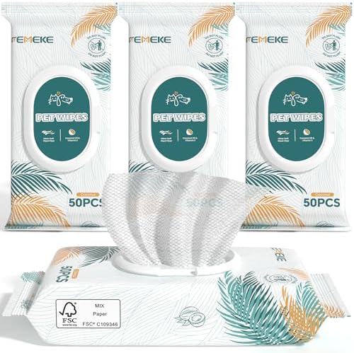 200 Count Dog Wipes & Cat Wipes (4x50 Packs) | Hypoallergenic, pH Balanced for Paws, Body, Face & Grooming |All-Natural Plant Fiber Wipes with Aloe, Coconut Oil & Vitamin E |Pearl Texture by FEMEKE