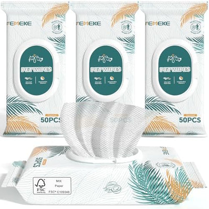 200 Count Dog Wipes & Cat Wipes (4x50 Packs) | Hypoallergenic, pH Balanced for Paws, Body, Face & Grooming |All-Natural Plant Fiber Wipes with Aloe, Coconut Oil & Vitamin E |Pearl Texture by FEMEKE