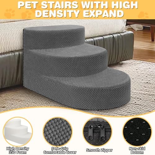 Dog Stairs 3 Steps Foam Pet Ramp for Small Dogs Cats, Grey - Image 3