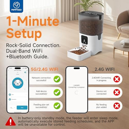 PAPIFEED Automatic Cat Feeder with App, 5G WiFi Cat Food Dispenser, 6L Timed Cat Feeder for Dry Food, 10 Meals/Day, 12 Portions/Meal, Dual Power Supply Smart Pet Feeder for Small Dog, White - Image 3
