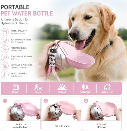 2-in-1 Portable Dog Water Bottle, 10 oz Stainless Steel with Foldable Bowl - Image 4