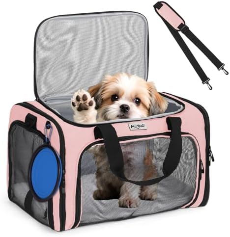 Pet Carrier for Cats & Small Dogs, Travel Carrier with Anti-Collapse Support, Chew Resistant Buckles, Luggage Sleeve, Multi-Pocket Storage, Reversible Mat & Bowl (Pink, Medium (17.5"x11"x11.5")) - Image 2