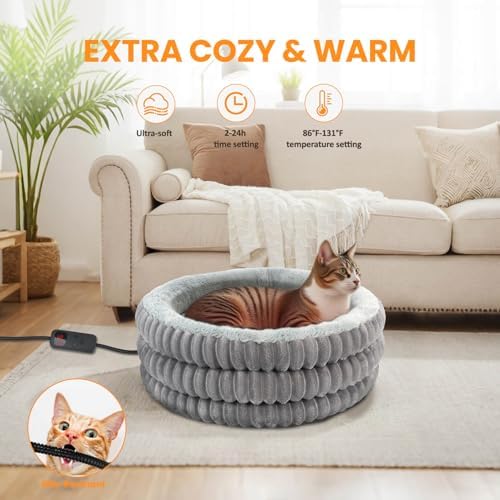 Heated Cat Bed Indoor, 20" Round Donut Deep Sleep Calming Heated Pet Beds for Cats and Small Dogs, Comfort Electric Thermal Cat Warming Bed with Adjustable Heating Pad, Washable and Indoor Use - Image 2