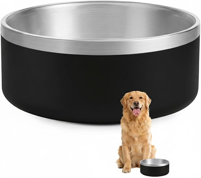 Dog Bowl, Stainless Steel Dog Bowls for Food and Water, Metal Pet Feeding Bowl with Insulated Non-Slip Quiet Bottom, Easy to Clean, Dishwasher Safe, 64oz,8 Cup | Black