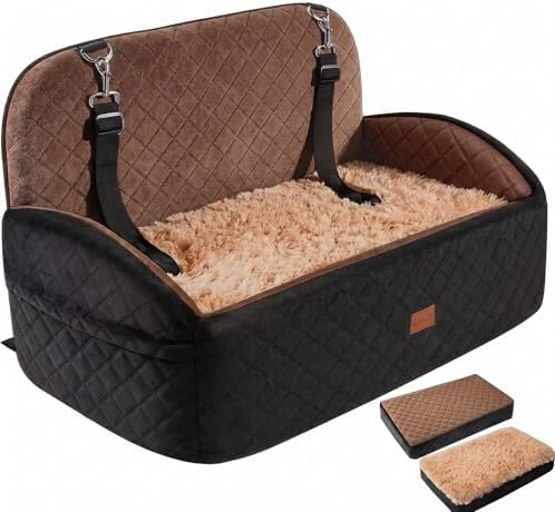 Gimars Reversible Dog Car Seat with Long&Short Plush Seat Cushion for Small/Medium Dogs Up to 60lbs, Detachable Washable Anti-Slip Dog Booster Seat with 5.1'' 28D Egg-Crate Foam, Safety Belt, L​-Brown by Gimars