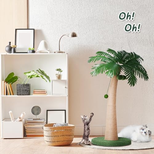 43.3inch Palm Tree Shape Style Sisal Cat Tree Scratching Post Cats, Wear Resistant Cat Claw Scratcher with Plush Stable Base & Hanging Toy Ball, Green - Image 7