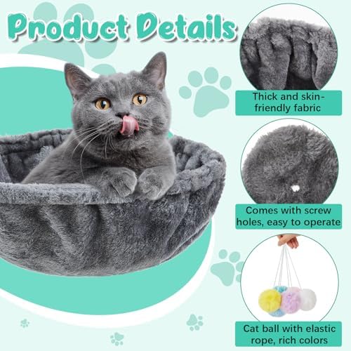 Dansydaisy 3 Pack 13" Large Cat Tree Hammock Basket Bed Lounger Tower Replacement Parts with 6 Pcs Hanging Elastic Strings Pom Pom Toys, Cat Tree Accessories Hammock Attachment (Gray) - Image 3