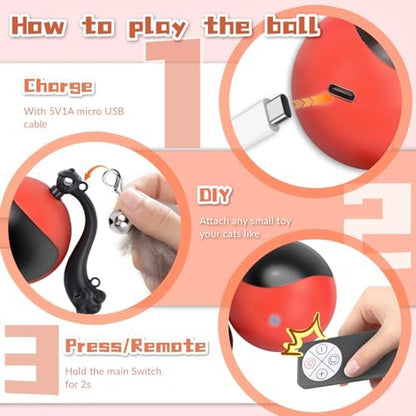 Interactive Cat Toy Ball, Automatic Self-Rolling Cat Toy with Feather Tail, Rechargeable Smart Cat Ball for Indoor Cats（Red） - Image 7