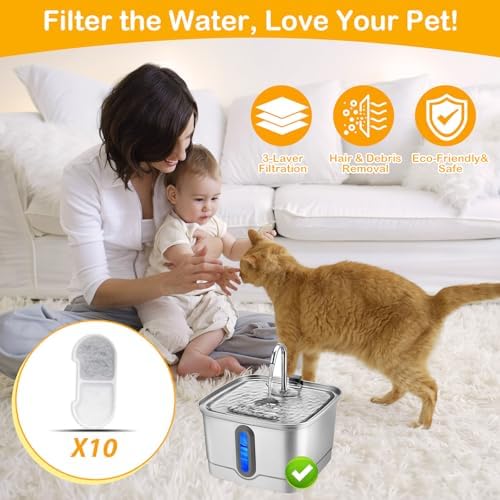 10+10 Pack Replacement Filters Compatible with SEIRMEP 101oz/3L Stainless Steel Cat Water Fountain, Includes 10 Filters & 10 Sponges - Image 2
