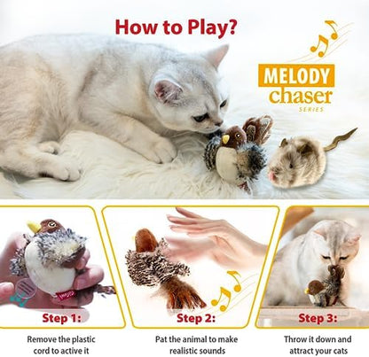 Gigwi Automatic Cat Toys Pack, Interactive Electronic Squeaky Animals Bird and Mouse, Plush Toys for Cats to Play Alone, 2 Pcs - Image 4