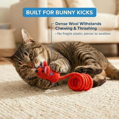 Glaciart One Felt Mouse Cat Toy – Soft Fuzzy Enrichment 100% Natural Wool - Interactive Catnip Play Cat Toy Set - Safe for Pets, Non-AZO Colored Dyes - 42” Long - Image 5