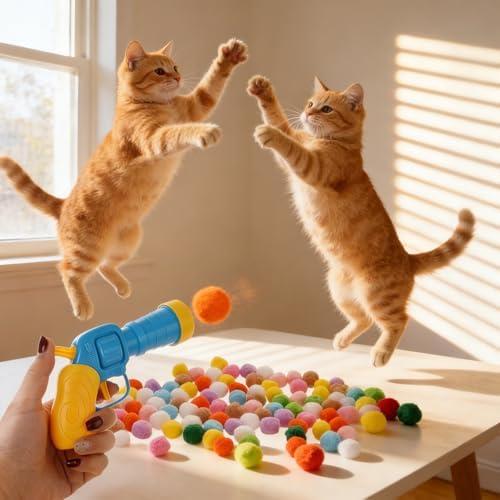 2Pcs Cat Ball Launchers with 100Pcs Pom Pom Balls Cat Interactive Soft Ball Toy Interactive Pet Toys Launcher for Cats Indoor Play - Image 3