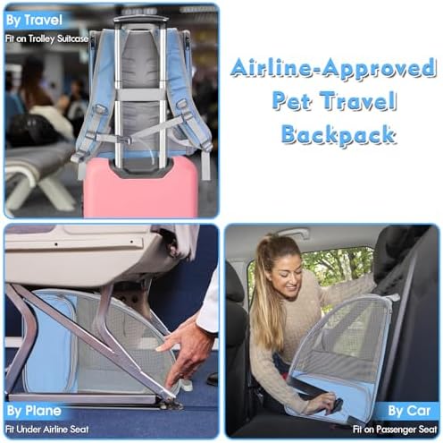 Cat Backpack Carrier, Large Pet Backpack with Kitten Wand Feather Toy for Medium Small Dog Cat Puppy Kitty Bunny up to 15lbs, Ventilated Mesh Dog Travel Carrier for Hiking Walking Outdoor Use (Blue) - Image 6