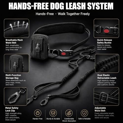 3-in-1 Hands Free Double Dog Leash with Detachable Pouch,Waist Dog Leash for 2 Dogs with Reflective Stitches 4 Comfortable Padded Handles Shock Absorbing Bungee,Tangle Free for Walking Jogging Hiking - Image 4