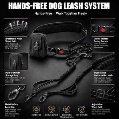 3-in-1 Hands Free Double Dog Leash with Detachable Pouch,Waist Dog Leash for 2 Dogs with Reflective Stitches 4 Comfortable Padded Handles Shock Absorbing Bungee,Tangle Free for Walking Jogging Hiking - Image 4