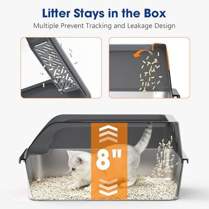 2 Pack Small Stainless Steel Litter Box with Lid for Kitten, Metal Cat Litter Boxes High Sided Enclosed for Injured Cats and Rabbit, Anti-Urine Leakage | Non-Stick Bottom & Includes Scoop - Image 4