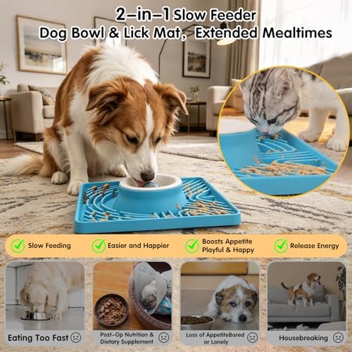 Slow Feeder Dog Bowls & Lick Mat for Liquid and Thick Treat, Upgraded Anti-Slip Dog Lick Bowl with Interactive Rolling Ball, 6/7 Cup Yogurt Pup Licking Toy for Large Medium Small Dogs and Cats, Blue - Image 2