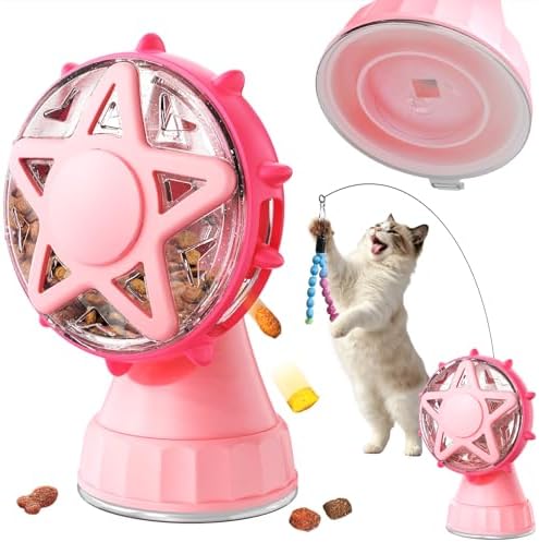 2-in-1 Cat Toys Food Dispenser & Teaser Interactive Toys (Pink) by HCY%26WLD