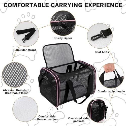 Cat Carrier Soft-Sided Dog Pet Carrier Pets Travel Carriers for Big Cats Small Dogs Mesh Puppy Carry Bag,TSA Airline Up to 16 Lbs (Pink, 17 * 11 * 11) - Image 3