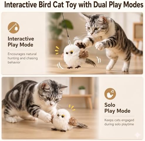 Flapping Bird Cat Toy, White Sparrow Plush Touch Activated Bird Chirp Cat Toy with Refillable Catnip, USB Rechargeable Interactive Kitten Exercise Toy,4.92"(No Flying) - Image 6