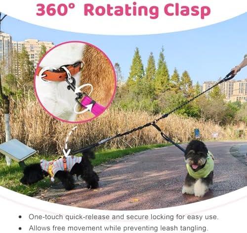 Double Dog Leash - No Tangle Splitter for Two Dogs, Coupler with Adjustable Long Lead Rope, Dual Control Handles, Retractable No Pull Bungee, Walk Train Small Medium Large 2 Pets (Fuchsia) - Image 4