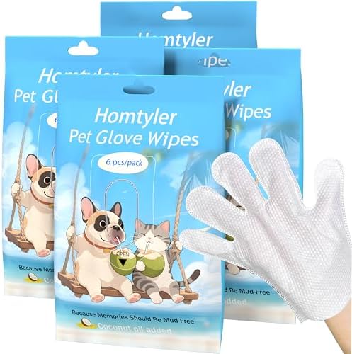Homtyler Dog Wipes & Cleaning Gloves 2-in-1 for Dogs and Cats, Extra-Thick Pet Wipes with Coconut Oil for Lick-Safe Paws, Eyes, Ears & Body, Rinse-Free Waterless Bath for Deodorizing&Cleansing, 24 PCS by Homtyler