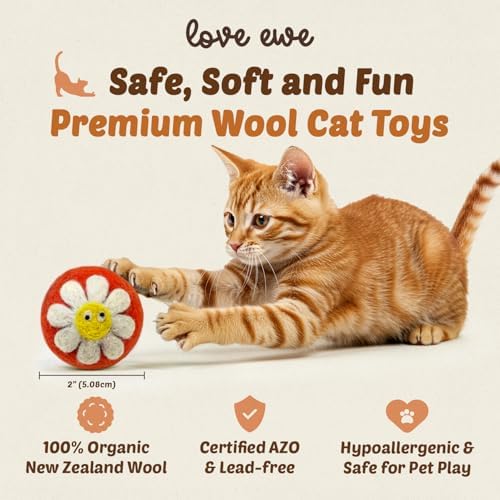 Love Ewe Wool Cat Toys Ball 3 Pack, 2-inch Flower and Bee - Image 2