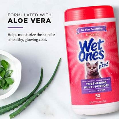 Wet Ones for Cats Freshening Wipes with Aloe Vera, Fresh, 50 Ct, 12-Pk | Multi-purpose grooming wipes remove dirt, odor, and dander between baths, gentle for regular use on cats - Image 3