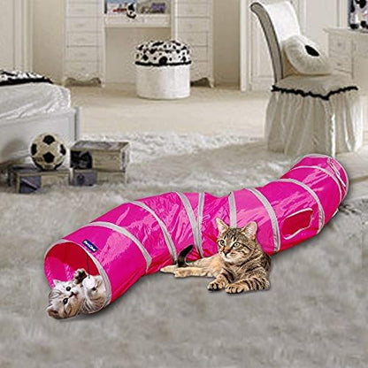 PetLike S Way Cat Tunnel Collapsible Pop-up Pet Tube Hideaway Play Toy with Ball (S-Way, Rose Red) - Image 2