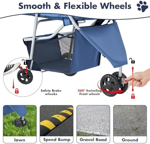 3 Wheels Pet Stroller,Storage Basket and Cup Holder, Breathable Mesh, Waterproof and Foldable for Small/Medium Dogs and Cats Strollers, Lightweight Travel Carrier for Daily Walks & Outdoor，Blue - Image 3