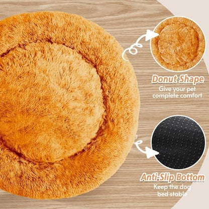 JOLLYVOGUE Calming Dog Bed Medium Size Dog, 31in Donut Washable Medium Pet Bed, Anti-Slip & Anti-Anxiety Fluffy Faux Fur Round Dogs Bed, Fits up to 45 lbs Pets (Orange) - Image 3