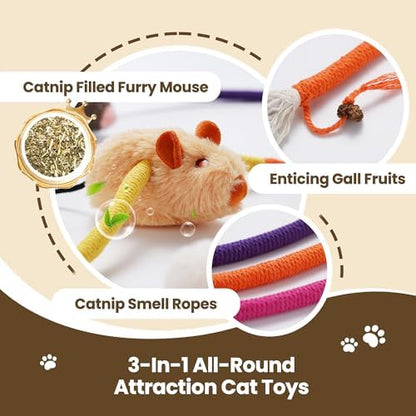 Cat Chew Ropes with Catnip Mouse, 3Pcs Cat Chew Toys for Large Cats Enrichment, 3-in-1 Catnip Toys Mouse & Strong Braided Ropes & Gall Fruits, Cats Teething Toys - Image 2