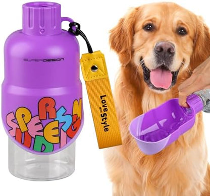 Dog Water Bottle, Leakproof Portable Water Bottle for Dogs, Dog Travel Water Bottles with Convenient Bottles Strap, Dog Travel Accessories for Walking, Hiking, Outdoor, Camping (17oz Purple by SUPERDESIGN