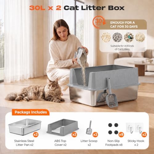 Suitfeel XL Stainless Steel Cat Litter Box with Lid,2 Pack,Light Gray - Image 6
