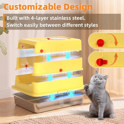 4-in-1 Stainless Steel Cat Litter Box with Flip Lid and High Sides, Yellow - Image 5