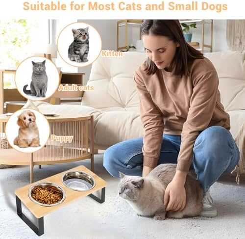 Elevated Cat Bowl, 2 PCS 15°Tilted Cat Bowl Stand with 2 Stainless Steel Bowls for Indoor Cats and Pet, Raised Cats Bowls for Food and Water - Image 6