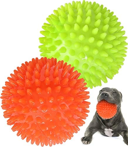 Pweituoet 4.5” Heavy Duty Squeaky Dog Balls for Medium Large Dogs, Dog Toys for Aggressive Chewers, Spike Ball Toys for Clean Teeth and Training(2 Pack) by PWEITUOET