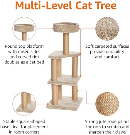 Amazon Basics Cat Tree Tower - Multi-Level Climbing Activity Center for Indoor Cats & Kittens with Scratching Posts, Platform, Jute Rope, Large (45.9"H), Beige - Image 3