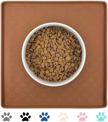 Ptlom Pet Placemat for Dog and Cat, Waterproof Silicone Pet Feeding Bowl Mats for Food and Water, Small Medium Large Dogs Mat Prevent Residues from Spilling to Floor, Brown, 11.8"x11.8" by PTLOM