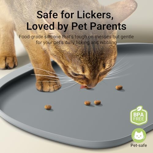 DownyPaws Cat Food Mats for Floors Waterproof, BPA Free Silicone Pet Feeding Mat, Non-Slip Pet Food Mat with High Raised Edge, Cat Placemat for Messy Drinkers, 18"×12.5", Gray (Pack of 2) - Image 2