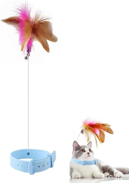 Interactive Cat Toy, Cat Teaser Wand, Silicone Collar, Feather Toys for Kitten Play, Blue