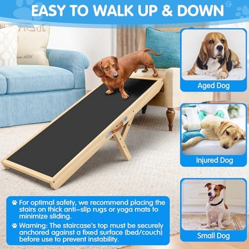 Dog Ramp for Couch with Non-Slip Silicone Mat, 39" Wooden Pet Ramps for Small Dogs, Hold up to 100lb, Adjustable Height from 11.41" to 20.47", Portable Stable Pet Step for Sofa Stairs - Image 2