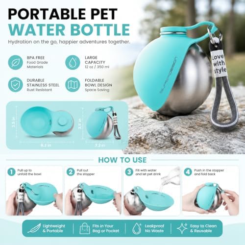 2-in-1 Portable Dog Water Bottle, 10 oz Stainless Steel with Foldable Bowl - Image 2