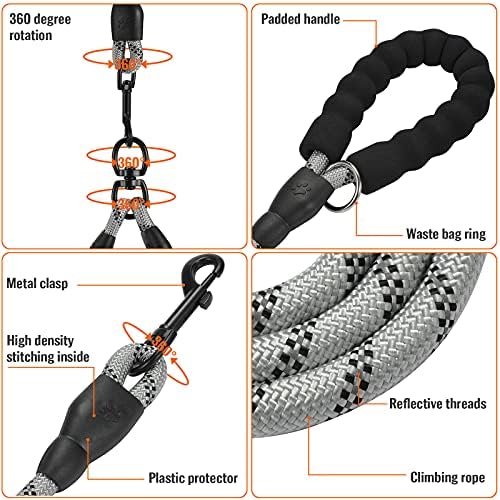 Double Dog Leash Reflective Detachable Coupler &360° Swivel Tangle Free, Heavy Duty Rope Leash Control with Padded Handle for Dual Large Medium Dogs Walking Running Training (Silver) - Image 3