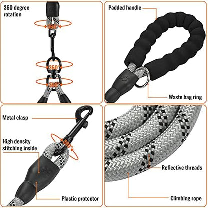 Double Dog Leash Reflective Detachable Coupler &360° Swivel Tangle Free, Heavy Duty Rope Leash Control with Padded Handle for Dual Large Medium Dogs Walking Running Training (Silver) - Image 3