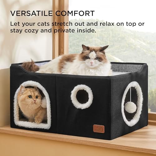 Bedsure Extra Wide Cat House Bed with Fluffy Ball and Scratch Pad,Black - Image 3