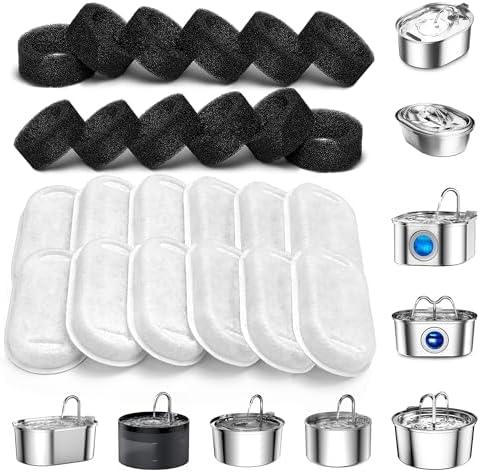 SOOFPET Cat Water Fountain Filters, 24 Pieces (12 Carbon + 12 Sponge), Replacement for 108oz/3.2L Stainless Steel Fountain by SOOFPETPetsLife