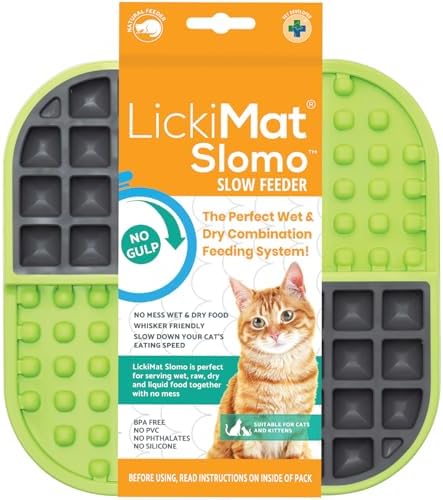 LickiMat Slomo, Cat Slow Feeder Lick Mat, Boredom Anxiety Reducer; Perfect for Food, Treats, Yogurt, or Peanut Butter. Fun Alternative to a Slow Feed Cat Bowl or Dish, Green by LICKIMAT