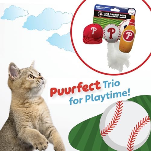Best Plush CAT Toy - MLB Philadelphia Phillies Complete Set of 3 Piece Cat Toys Filled with Catnip. Incld: 1 Baseball Cap Cat Toy, 1 Baseball Cat Toy with Feathers & 1 Beer Bottle. Team Logos - Image 4